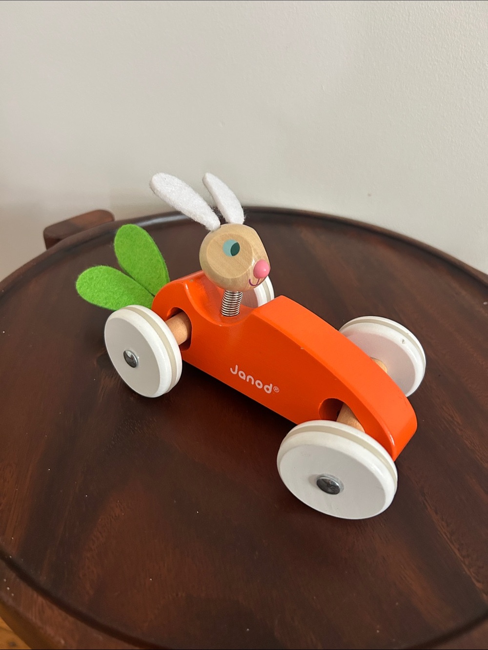 Janod French Montessori Wooden Bunny in a Carrot Race Car Toy